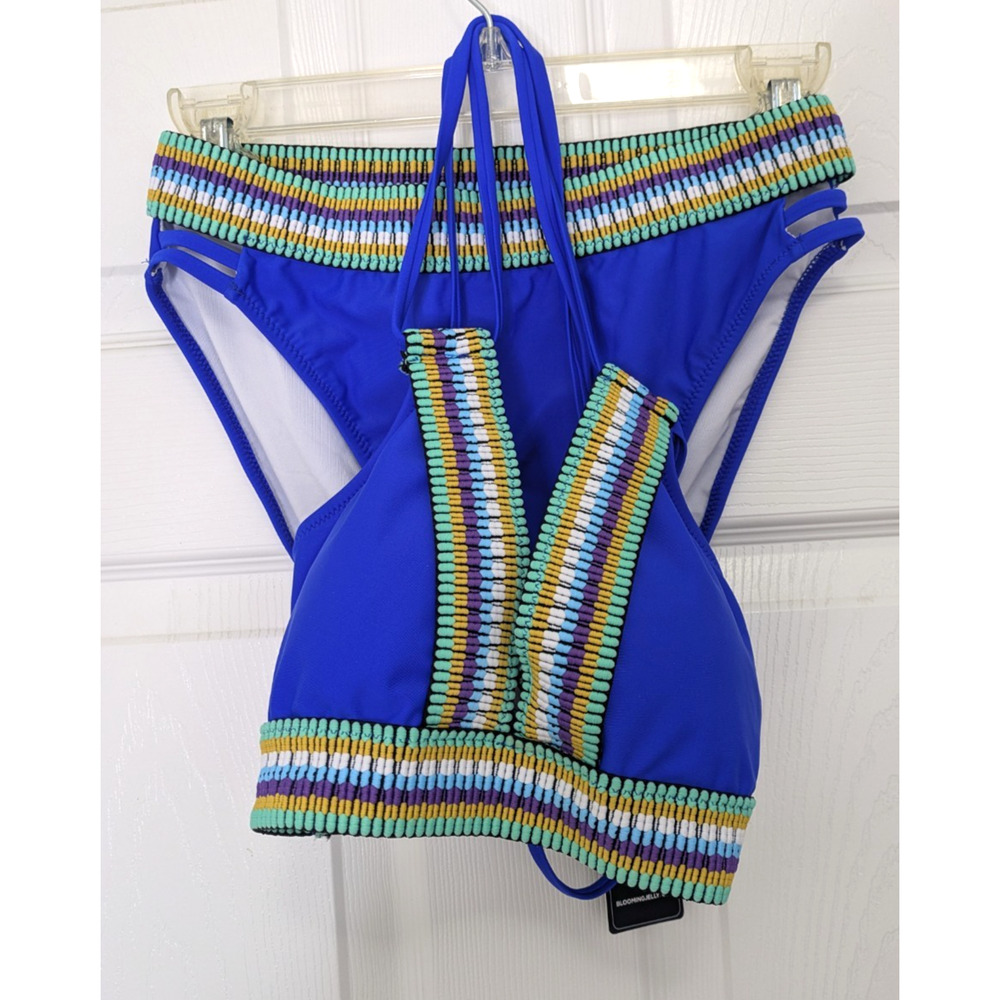 Womens 2 Pc Bikini Blue V Neck Crisscross Back Size Small Swimsuit